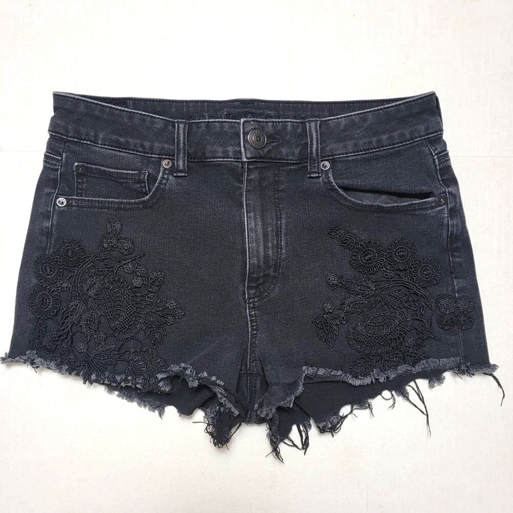 American Eagle Black Embroidered Hi Rise Shorts SZ 10